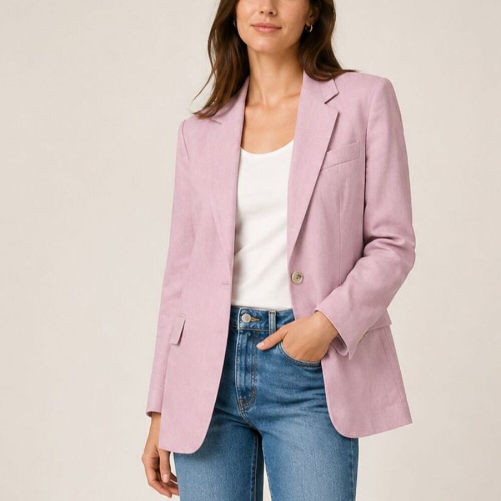 ZARA Blazer Women's XS Pale Pink Linen Blend One Button Suit Jacket